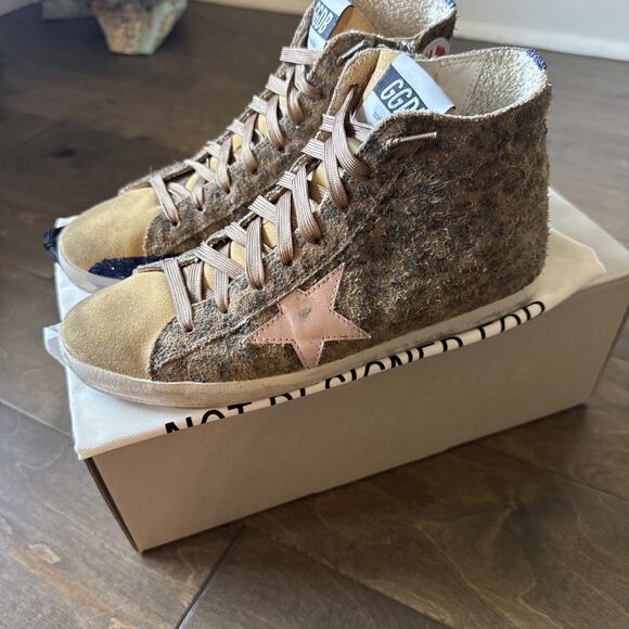 Women’s Golden Goose Francy Classic Suede Leopard Blue Glitter Pink Tan EUC 37 - Picture 1 of 9